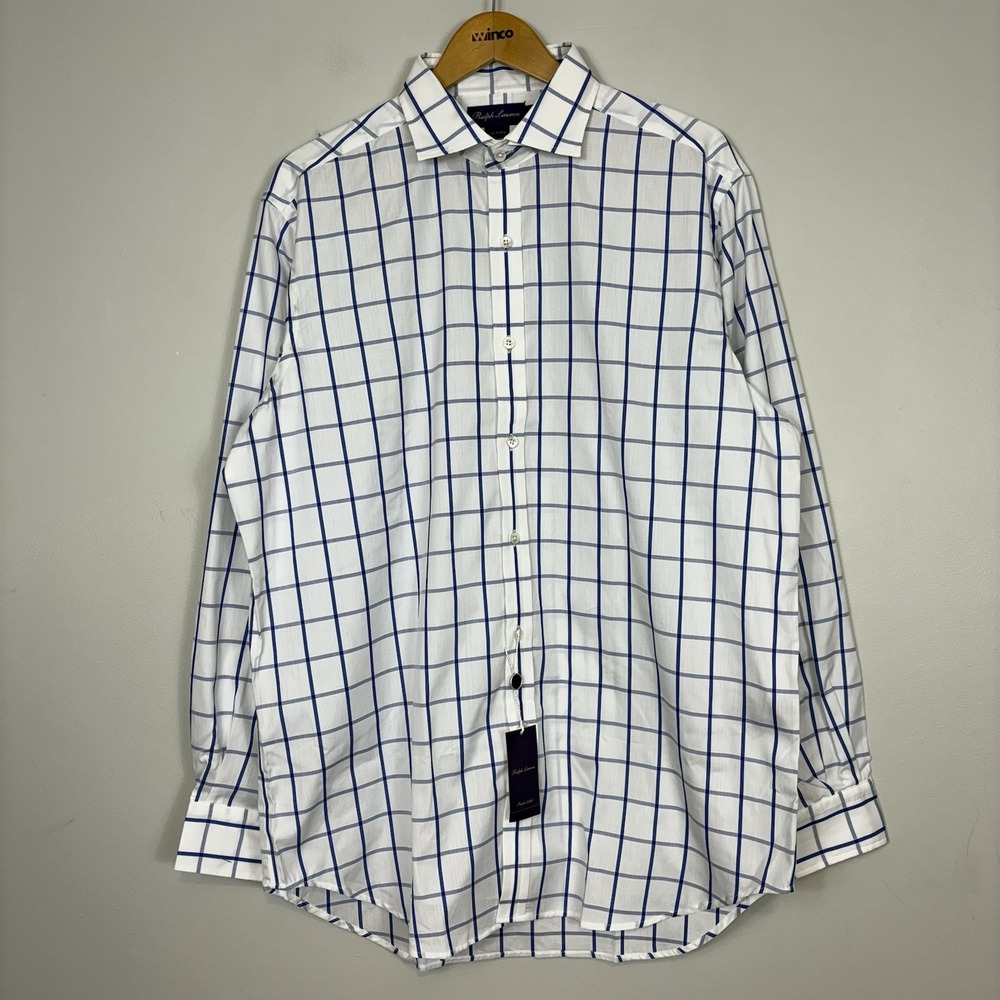 Ralph Lauren Purple Label Mens‎ Dress Shirt Windowpane Spread White Blue Sz L
